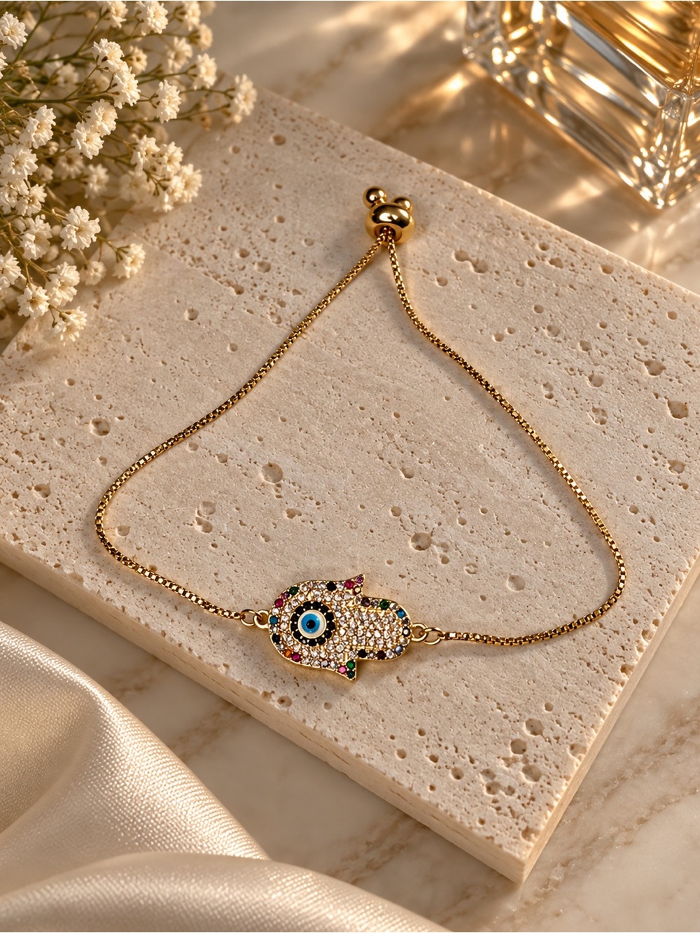 Gold Hamsa Evil Eye Bracelet with Multicolor Accents
